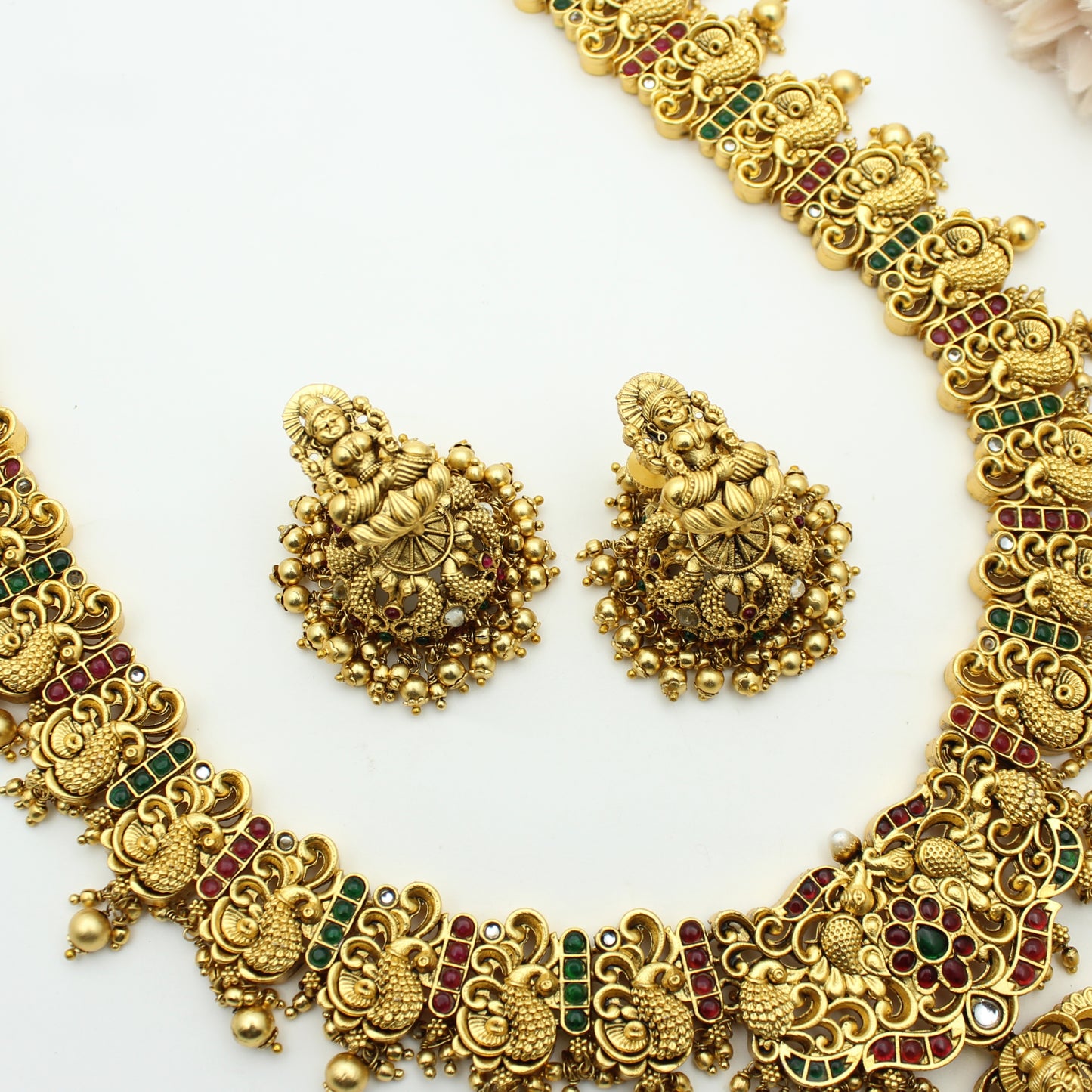 Nakshi Multi Pota Stone Long Golden Balls Necklace With Push Back Earrings