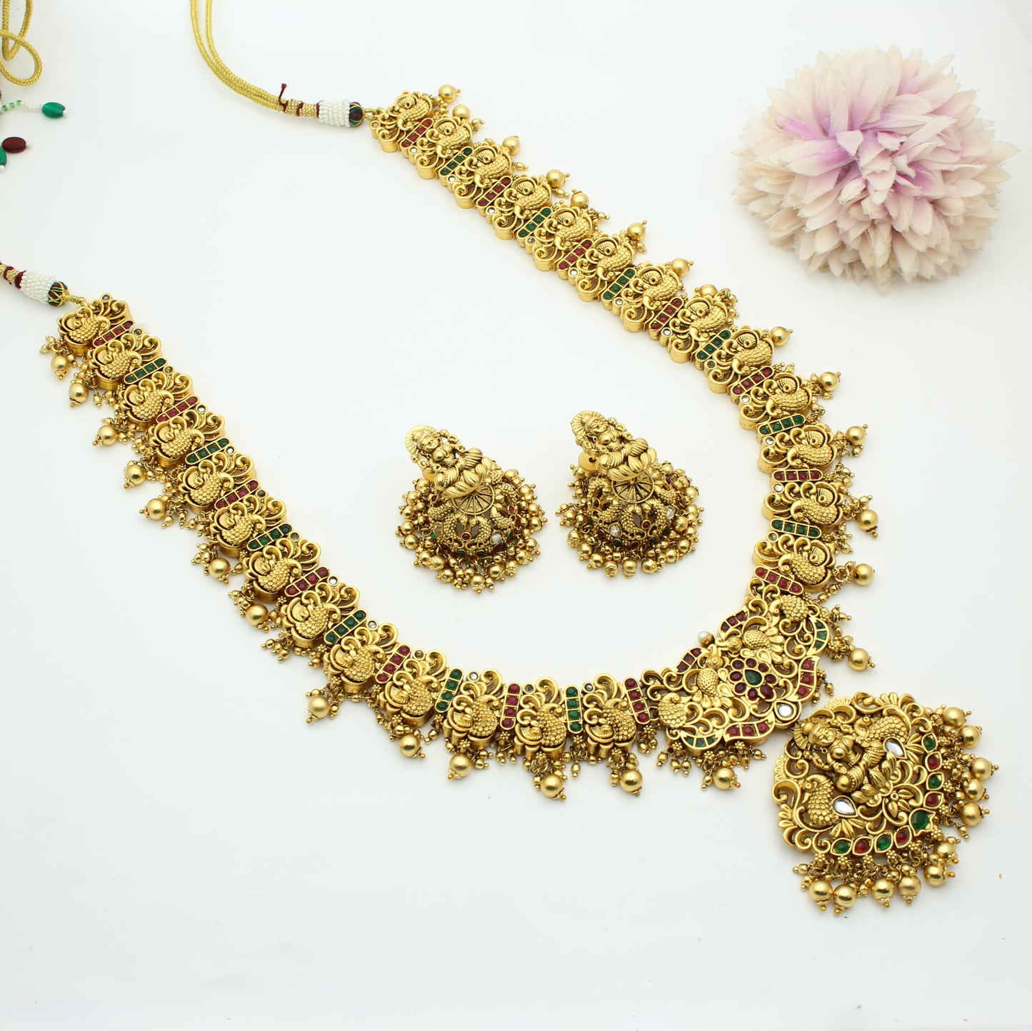 Nakshi Multi Pota Stone Long Golden Balls Necklace With Push Back Earrings