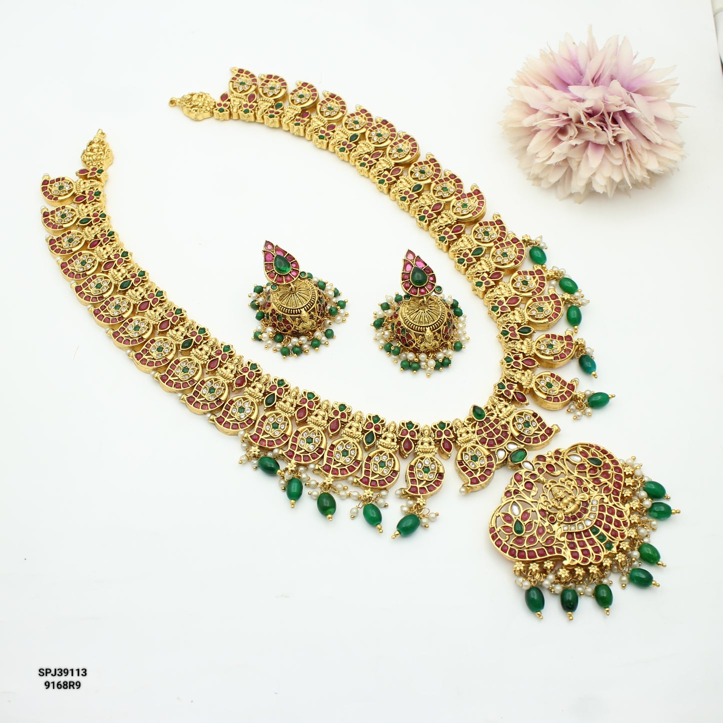 Multi Mango Laxmi Necklace Set Long With Push Back Earrings