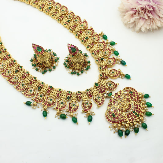 Multi Mango Laxmi Necklace Set Long With Push Back Earrings