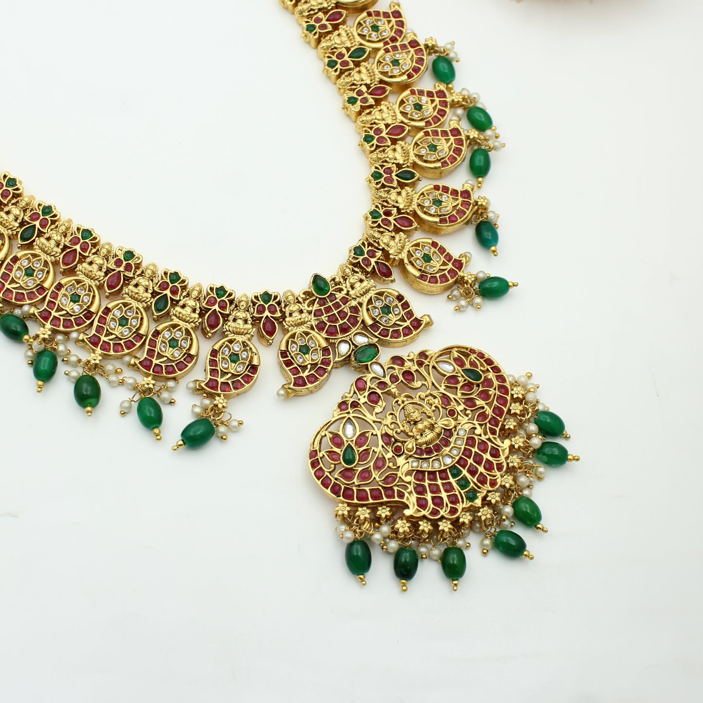Multi Mango Laxmi Necklace Set Long With Push Back Earrings