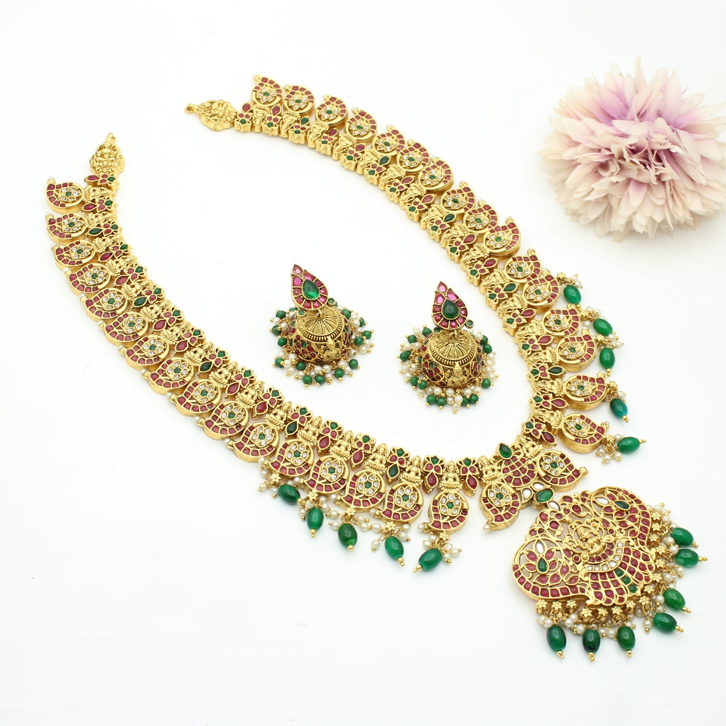 Multi Mango Laxmi Necklace Set Long With Push Back Earrings