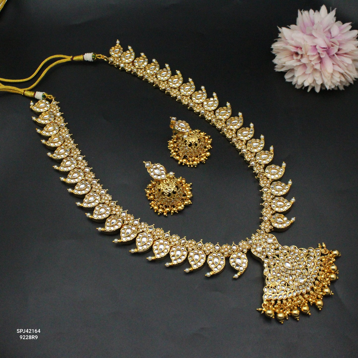 Pota Stone Full White Mango Long Necklace Set Golden Ball With Push Back Earrings