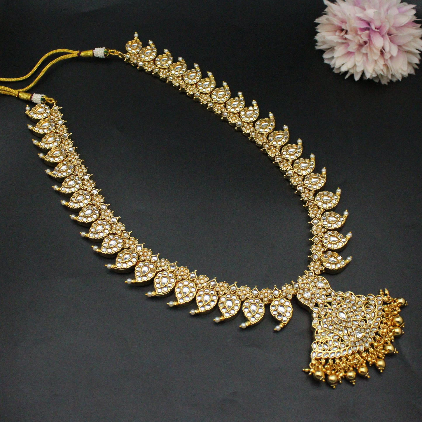 Pota Stone Full White Mango Long Necklace Set Golden Ball With Push Back Earrings