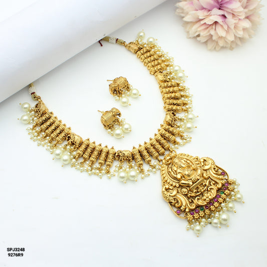 Nakshi Ganesh Short Necklace Set With Push Back Earrings