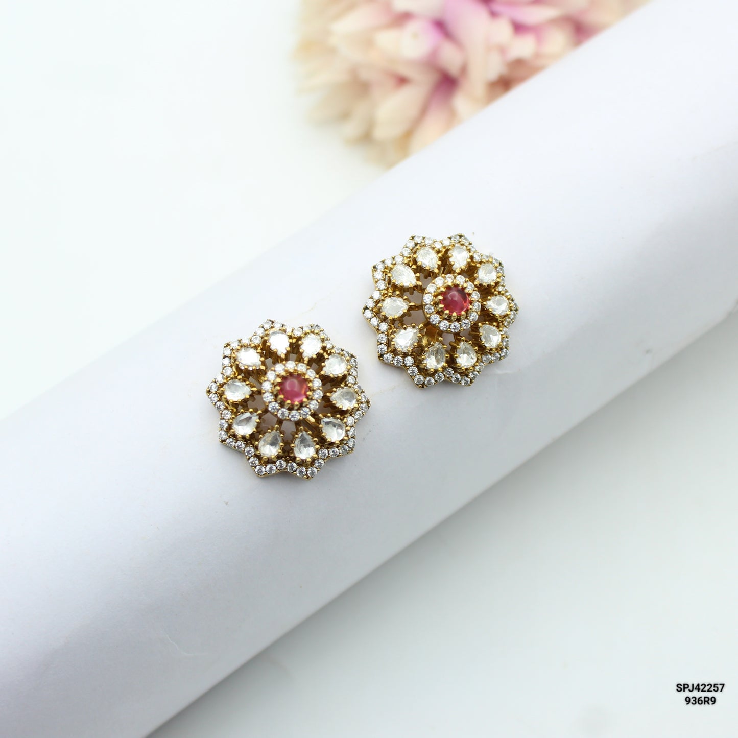 42257 Moissanite Victorian Ruby stones studs
