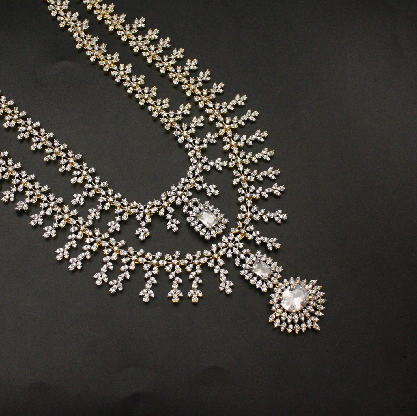 42230 GJ Full White 2 Layers Necklace Set With Screw Back Earrings