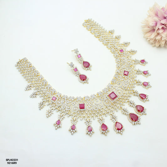 42231 GJ Broad Red Necklace Set With Push Back Earrings