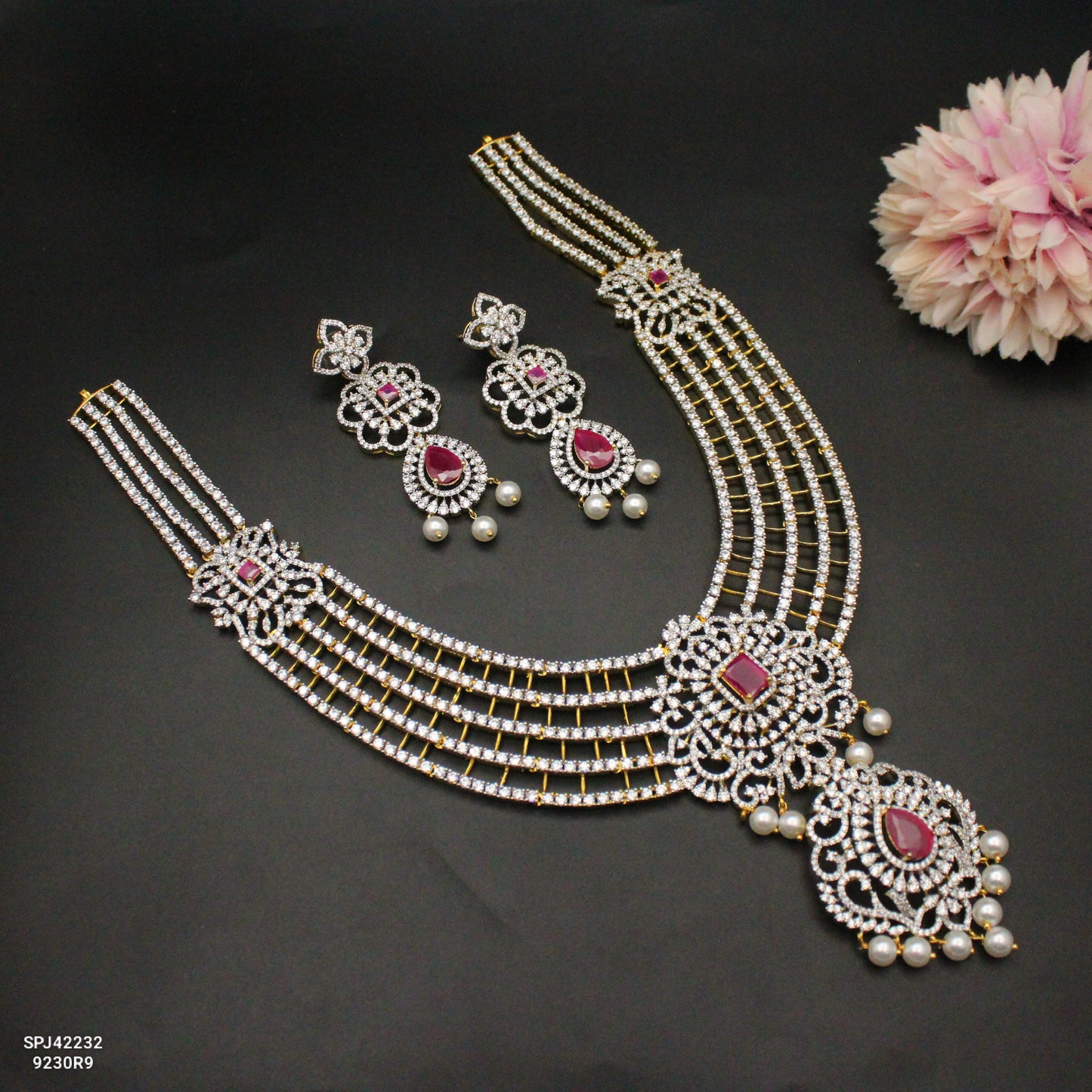 42232 GJ 5 Lines Red Necklace Set With Push Back Earrings