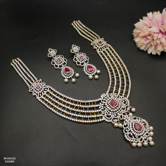 42232 GJ 5 Lines Red Necklace Set With Push Back Earrings