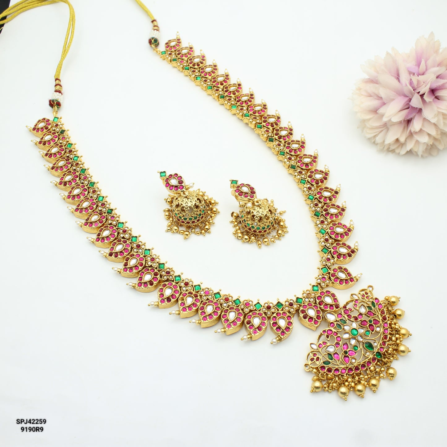 42259 Jadau Look a Like Mango Haaram Necklace With Golden Balls Long