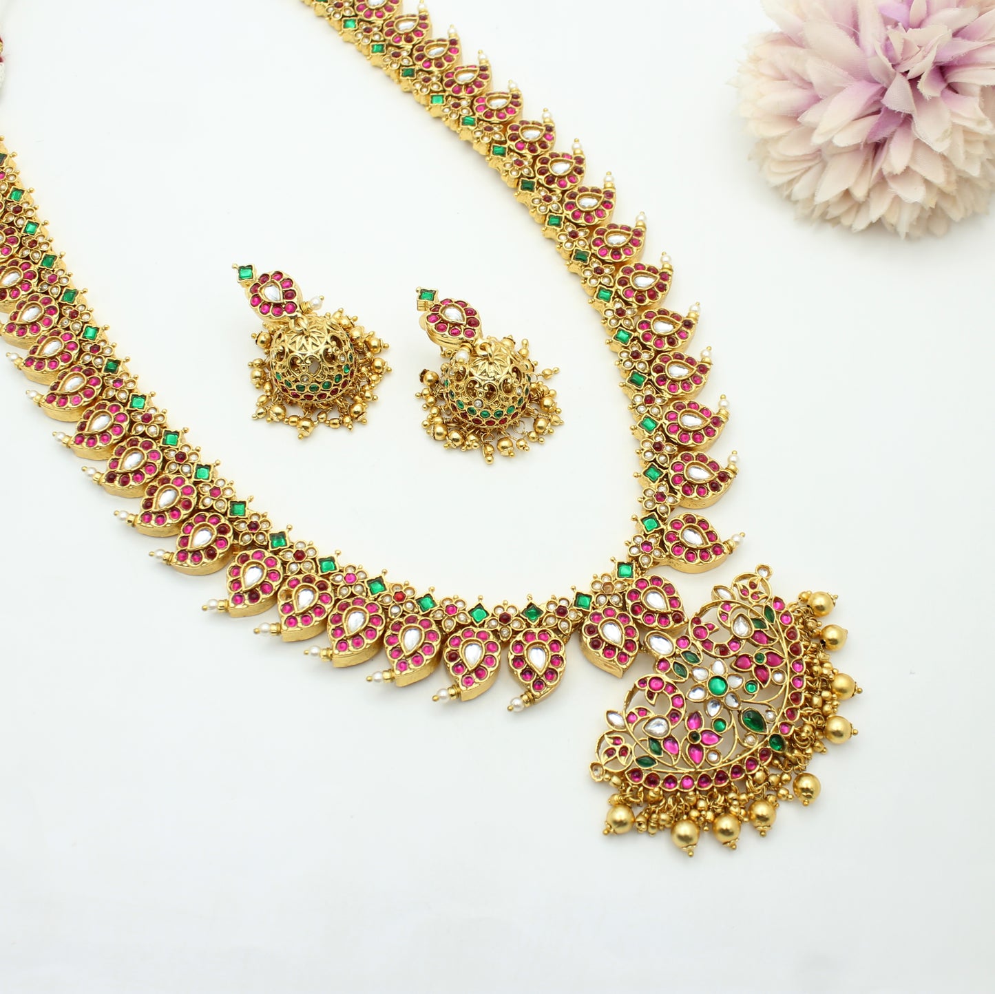 42259 Jadau Look a Like Mango Haaram Necklace With Golden Balls Long
