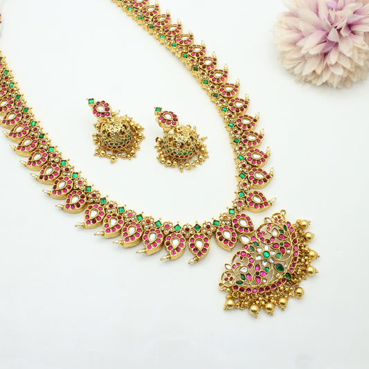 42259 Jadau Look a Like Mango Haaram Necklace With Golden Balls Long