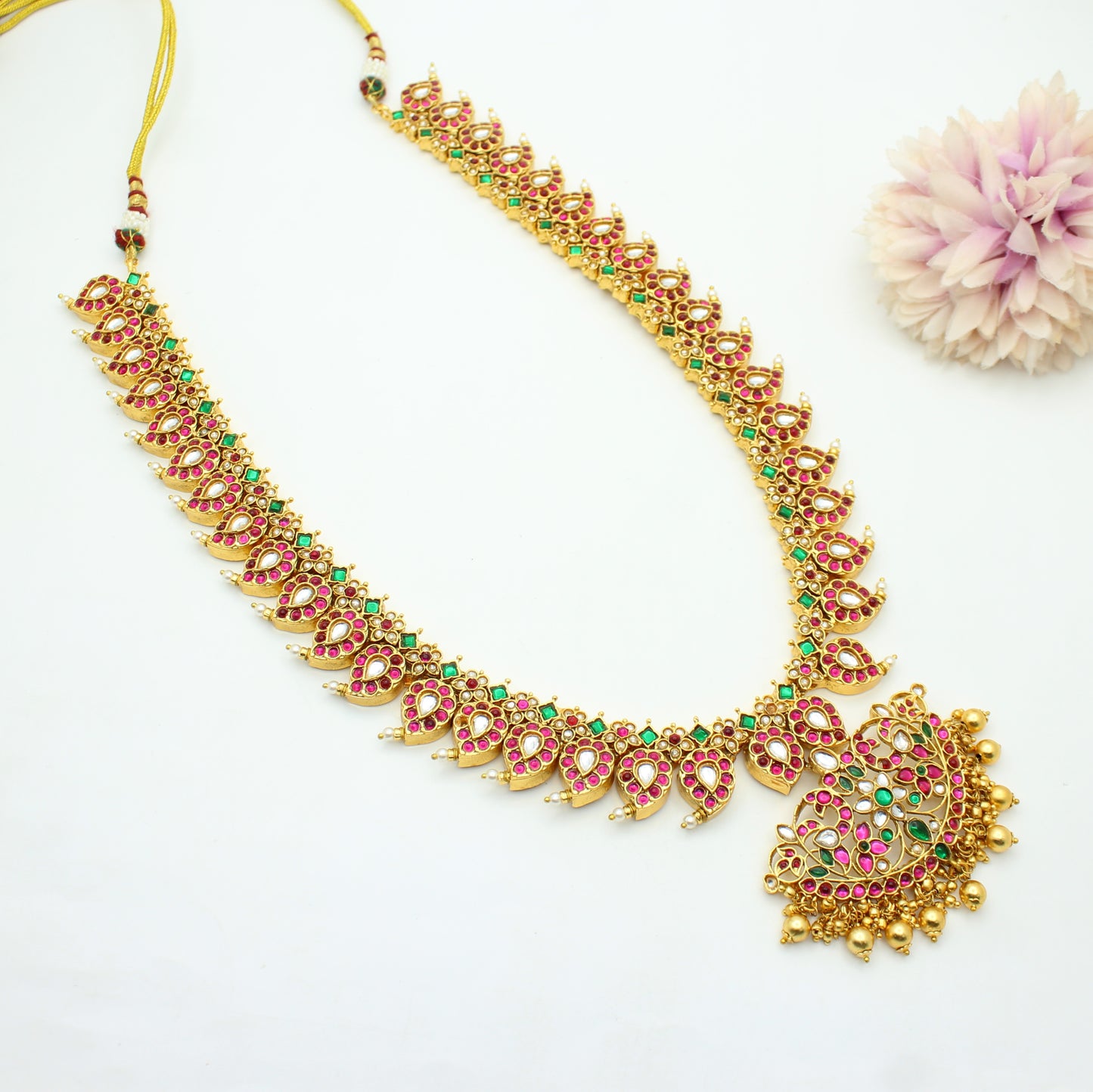 42259 Jadau Look a Like Mango Haaram Necklace With Golden Balls Long