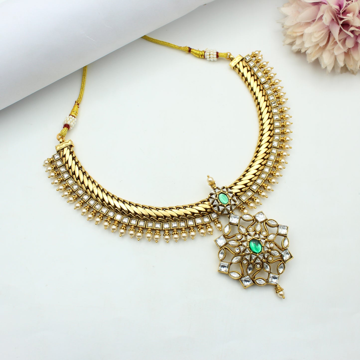 42263 Jadau Moissanite Jalebi Short Necklace Set