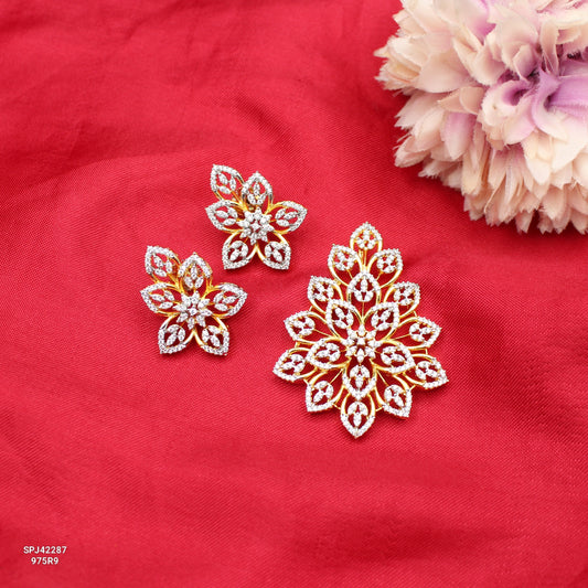 42287 GJ Flower Pendant Set Openable Hook With Push Back Earrings