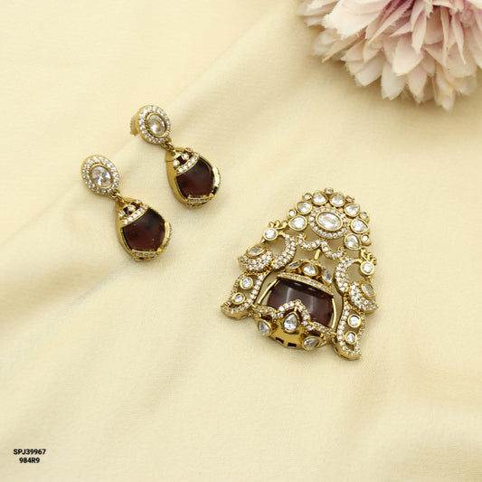 39967 Victorian Peacock Purple Stone Pendant Set With Push Back Earrings
