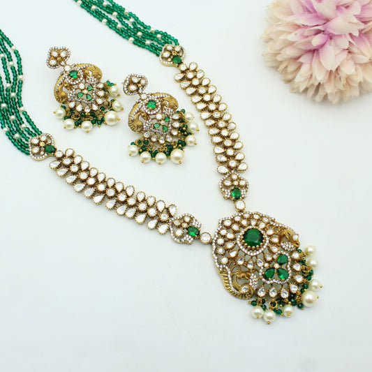 42297 Victorian Emerald Moissanite Long Necklace Set With Push Back Earrings