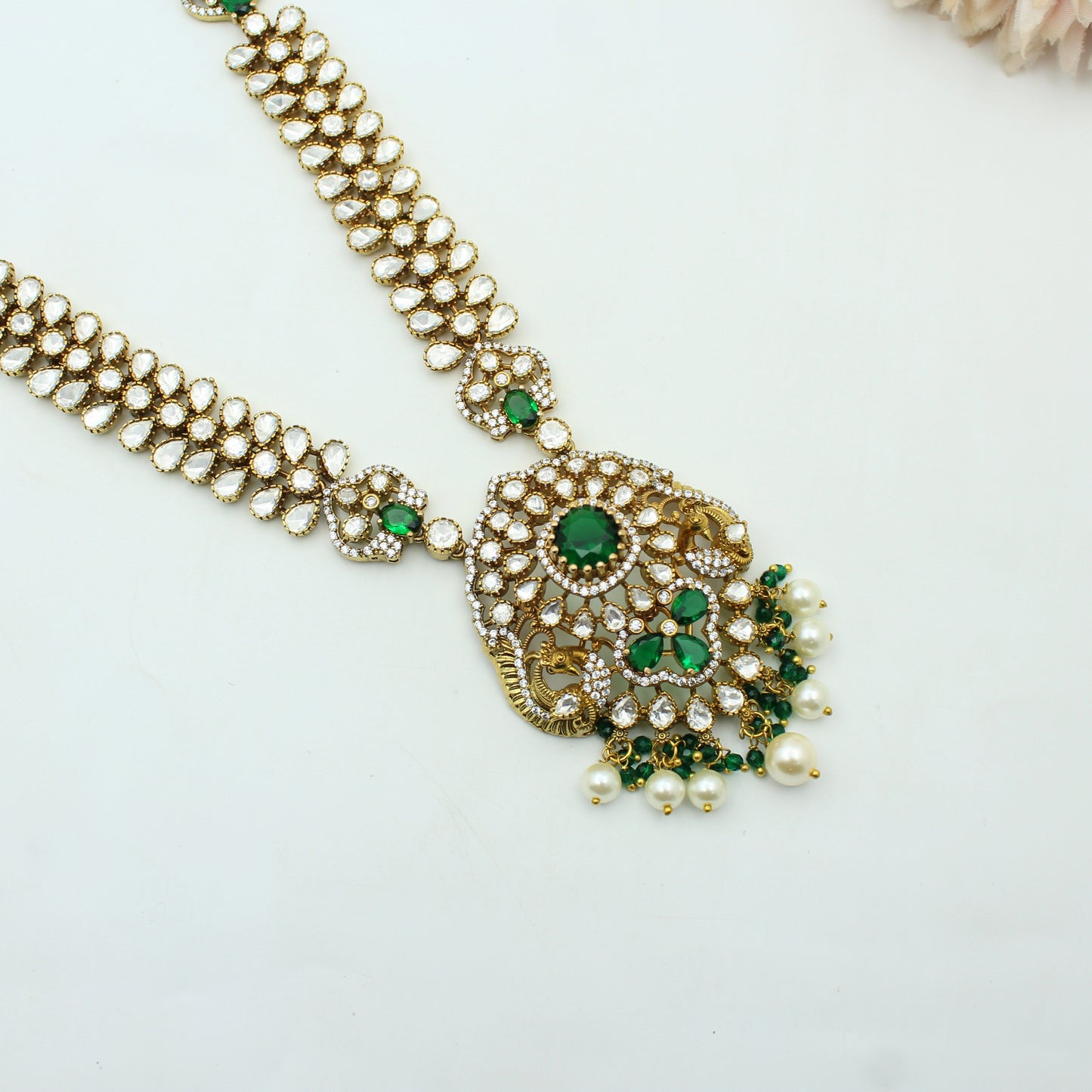42297 Victorian Emerald Moissanite Long Necklace Set With Push Back Earrings