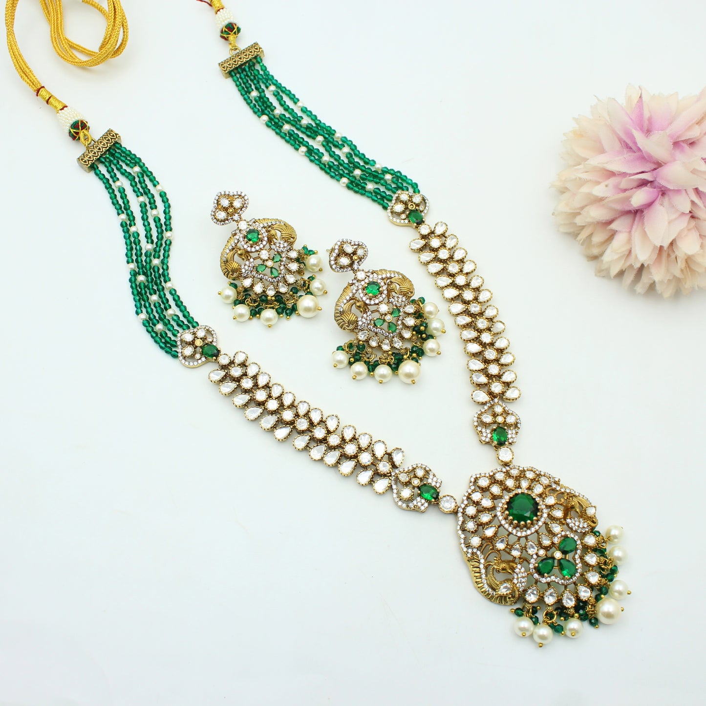 42297 Victorian Emerald Moissanite Long Necklace Set With Push Back Earrings