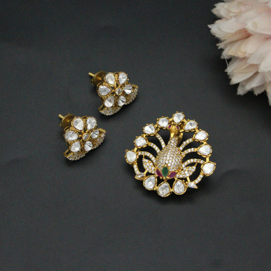 42292 Victorian Moissanite Multi Peacock Pendant Set With Screw Back Earrings