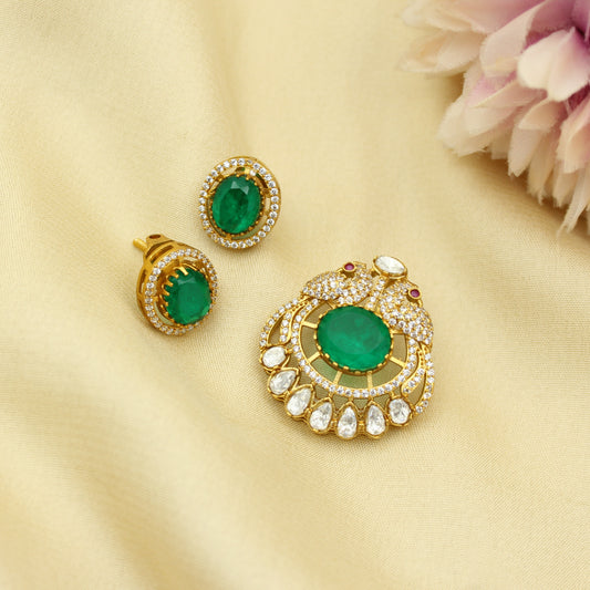 42294 Victorian Moissanite  Green Stone Peacock Pendant Set With Screw Back Earrings