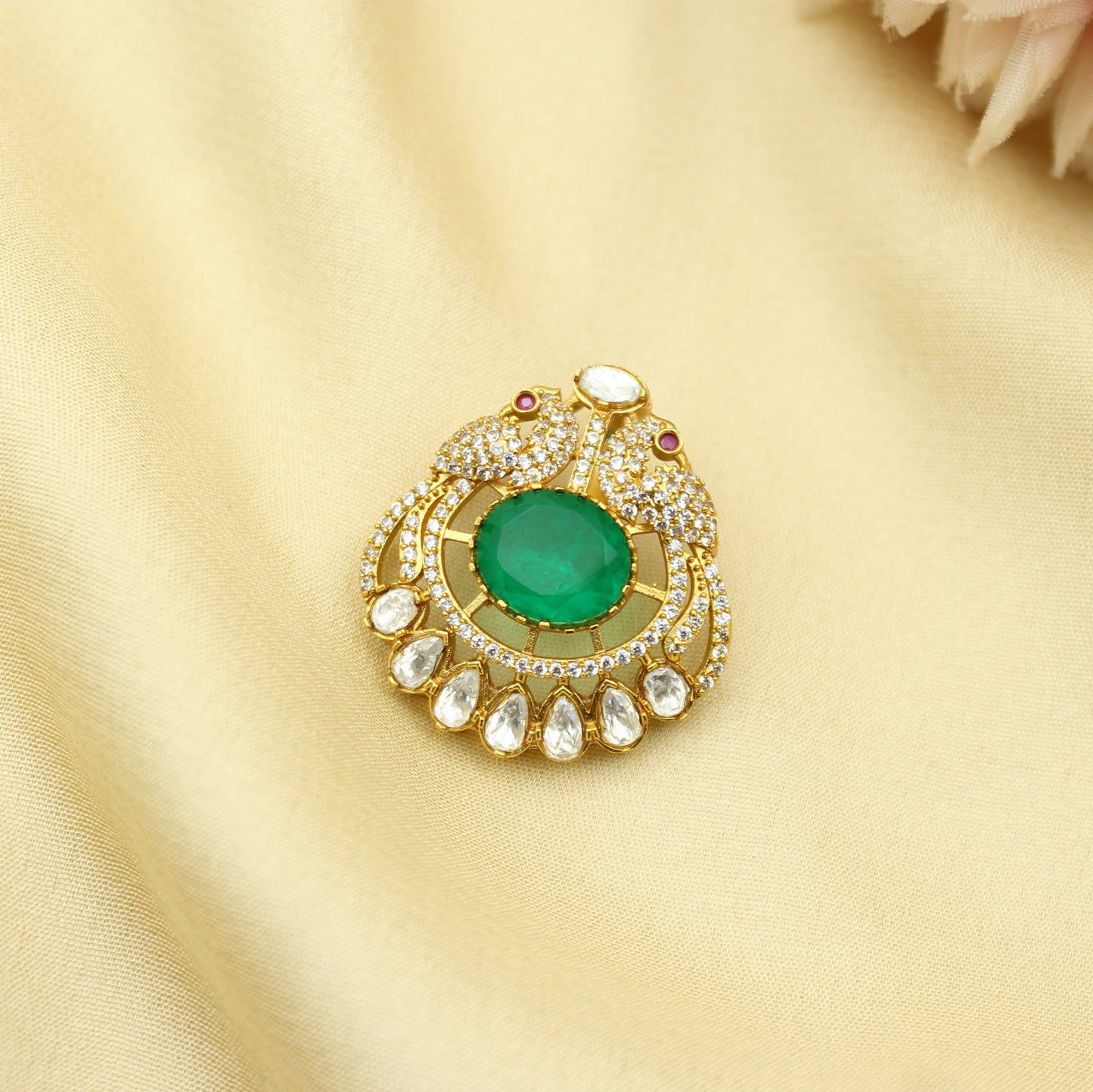 42294 Victorian Moissanite  Green Stone Peacock Pendant Set With Screw Back Earrings