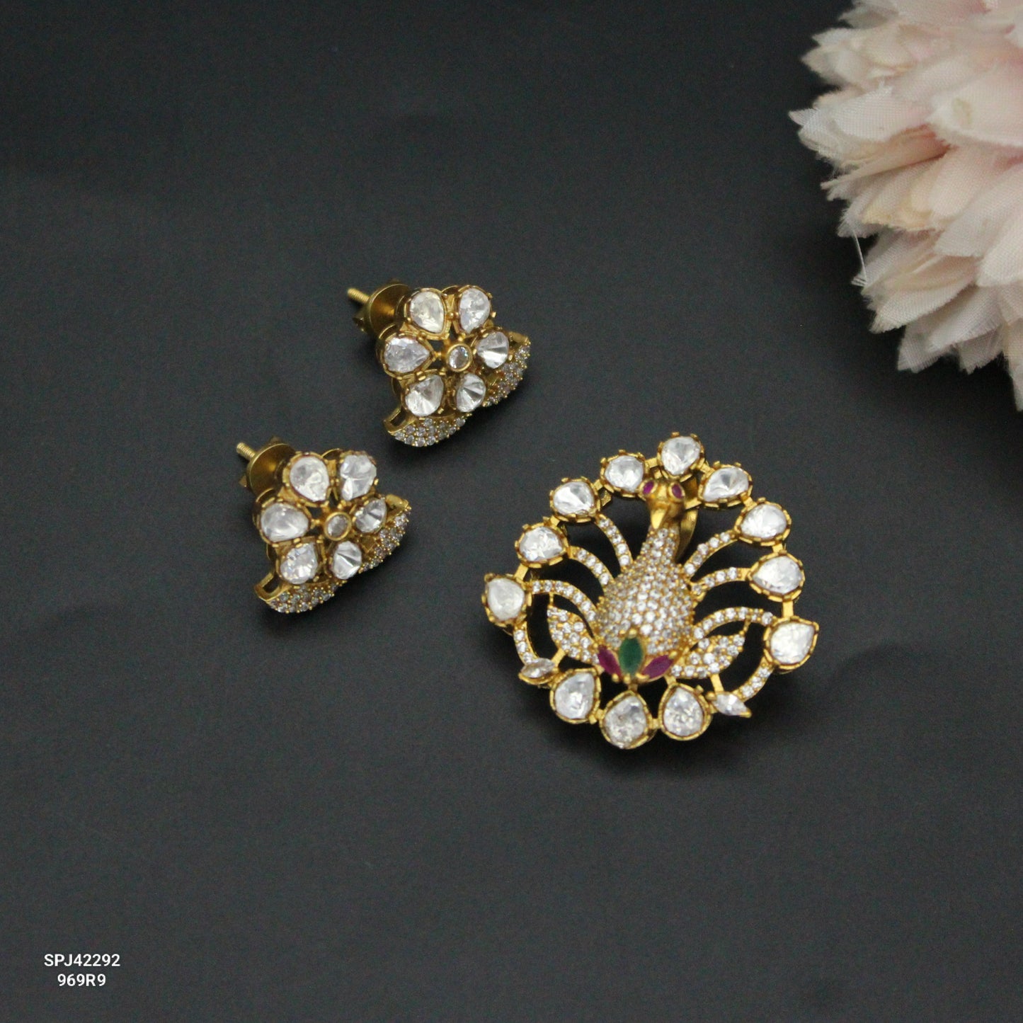 42292 Victorian Moissanite Multi Peacock Pendant Set With Screw Back Earrings