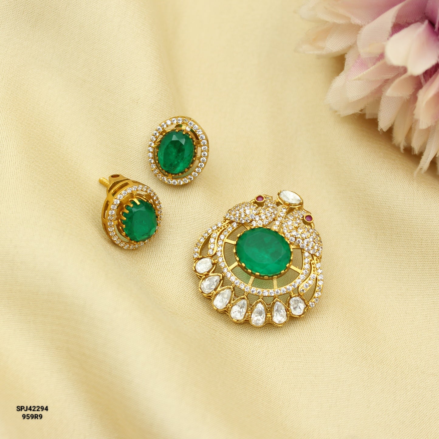 42294 Victorian Moissanite  Green Stone Peacock Pendant Set With Screw Back Earrings