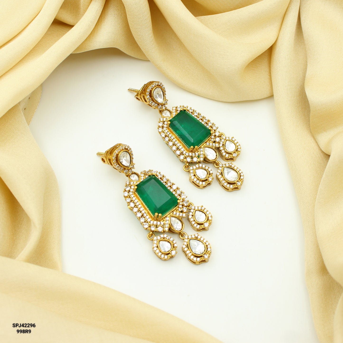 42296 Victorian Emerald Moissanite Earrings Screw Back