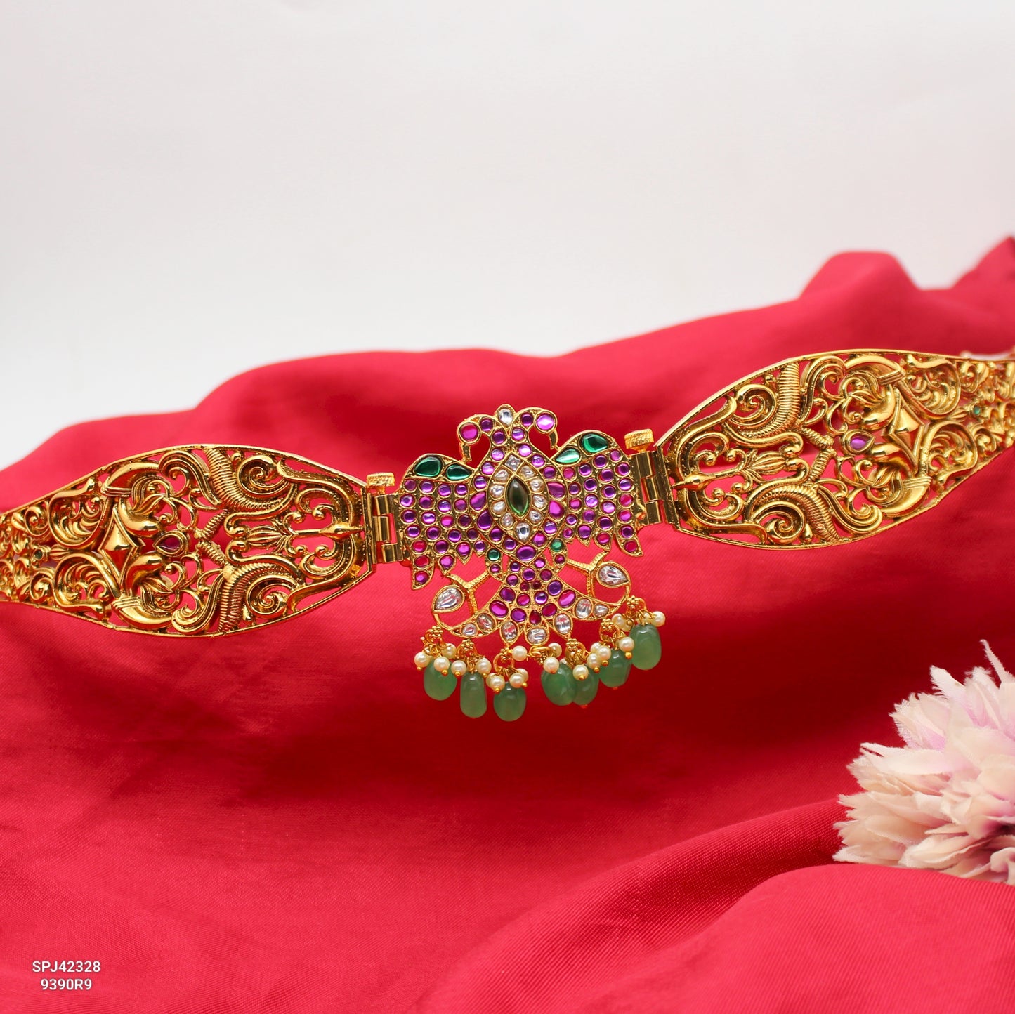 42328 Jadau Nakshi Double Peacock Vaddanam Green Beads
