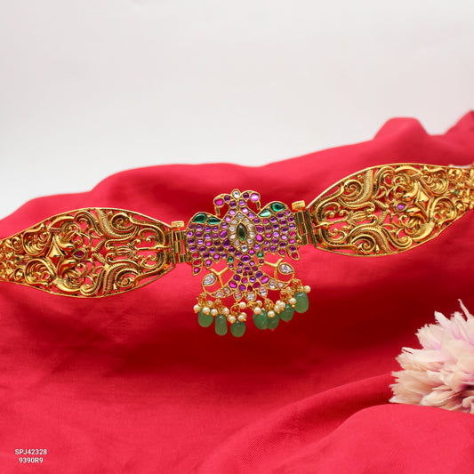 42328 Jadau Nakshi Double Peacock Vaddanam Green Beads