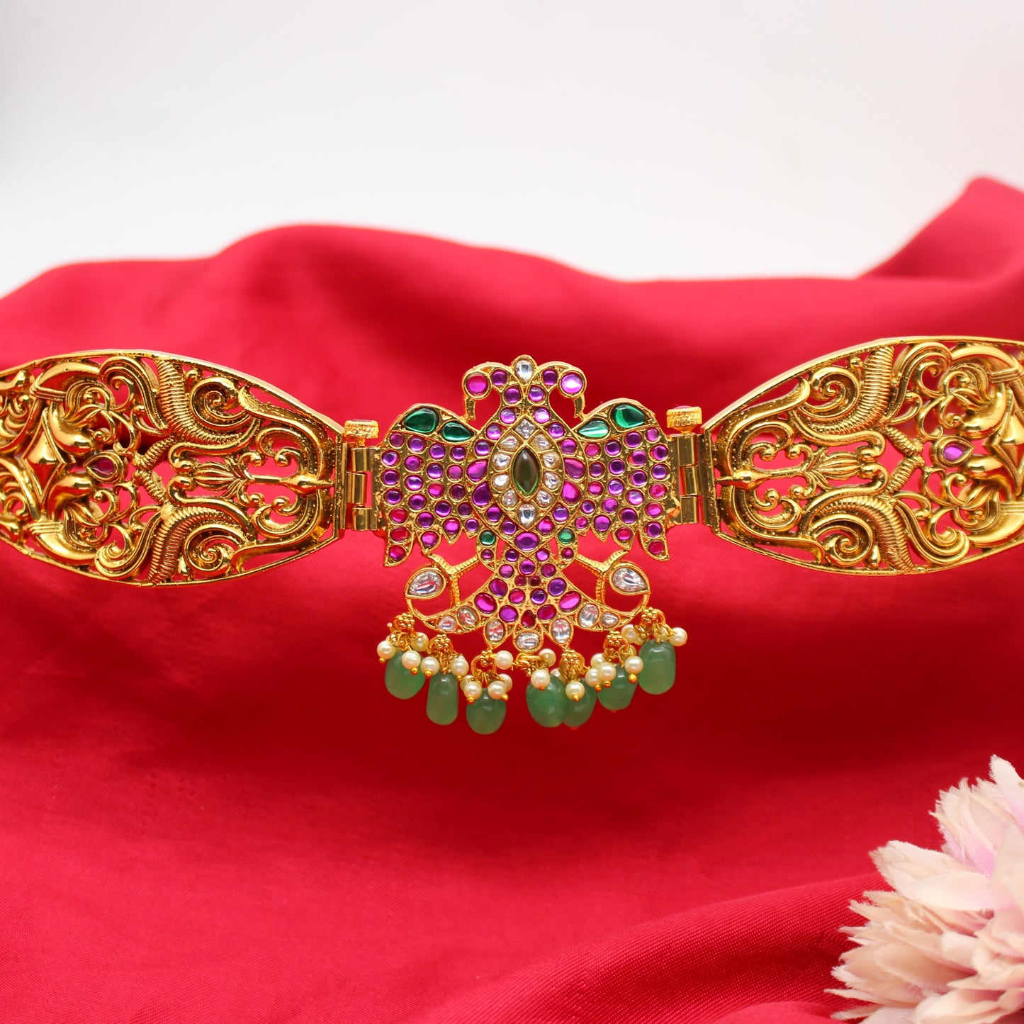 42328 Jadau Nakshi Double Peacock Vaddanam Green Beads