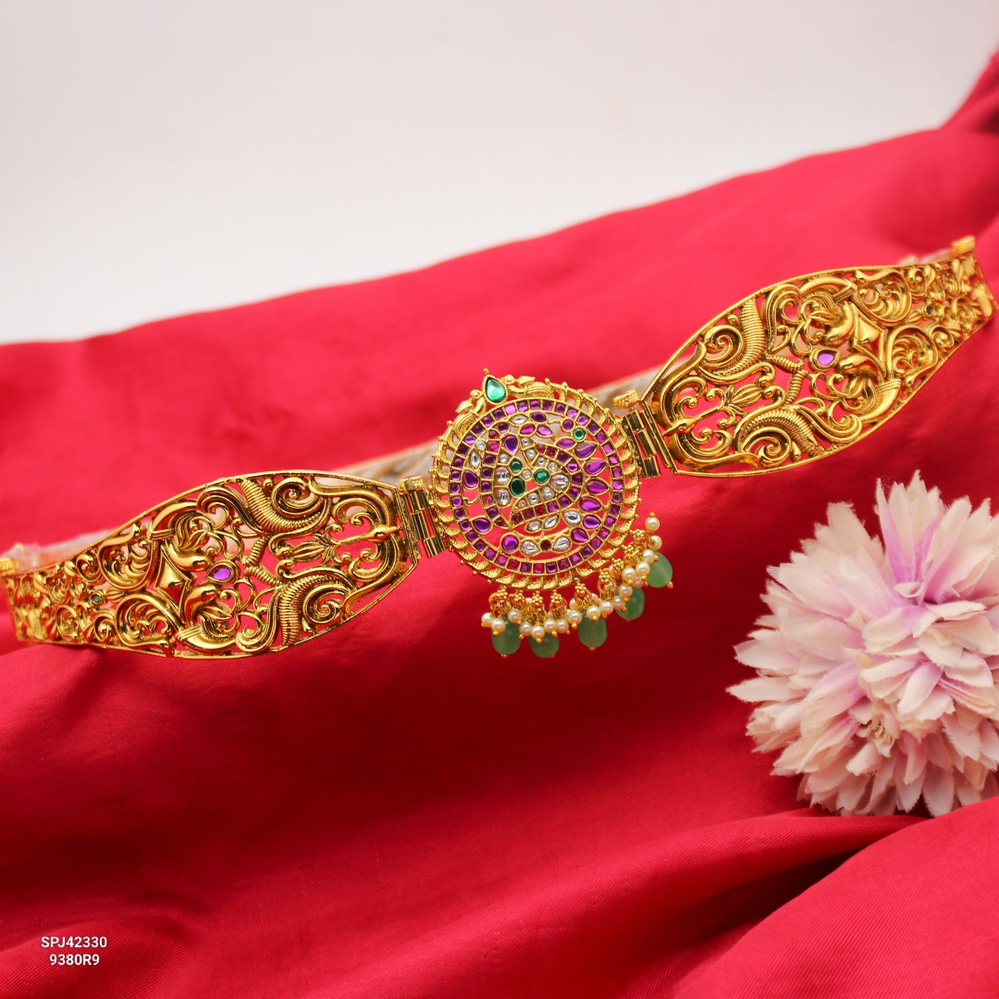 42330 Jadau Nakshi Peacock Vaddanam Green Beads