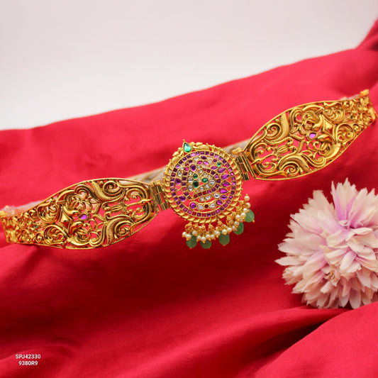 42330 Jadau Nakshi Peacock Vaddanam Green Beads