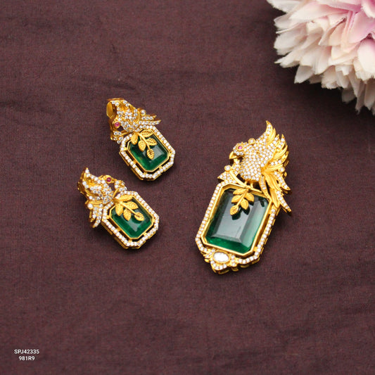 42335 Moissanite Peacock Duplet Pendant Set With Non-Openable Hook & Screw Back Earrings
