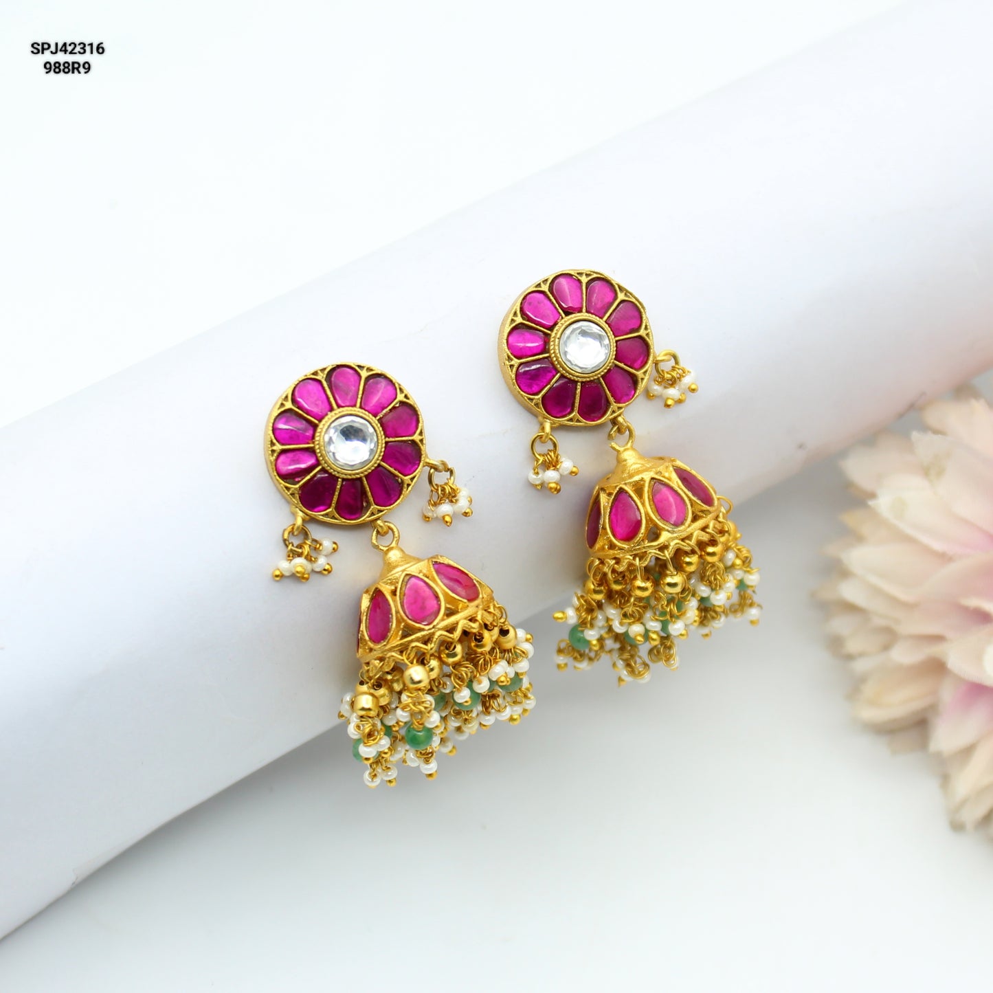 42316 Jadau Kundan medium size handmade Jhumkas with screwback earrings