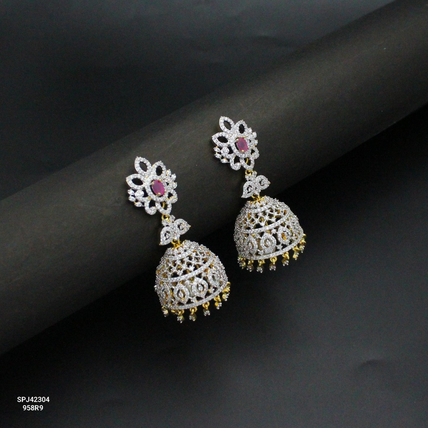 42304 Diamond Jhumki Red With Screw Back