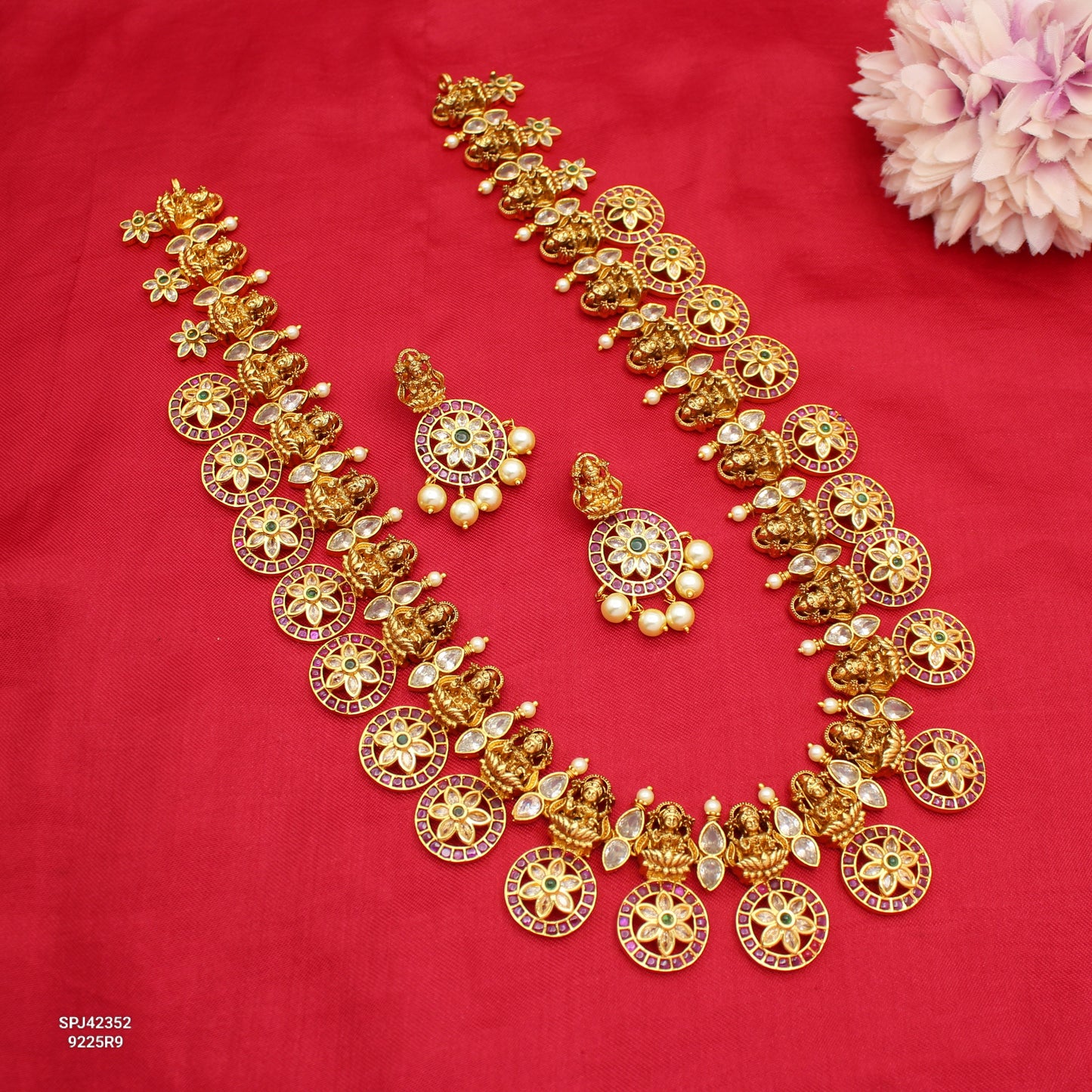 42352 Bottumala Laxmi Long Necklace With White Pearls Screw Back Earrings