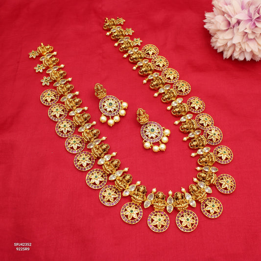42352 Bottumala Laxmi Long Necklace With White Pearls Screw Back Earrings