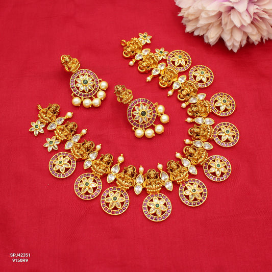 42351 Laxmi Bottumala Short Necklace Set With White Pearls Screw Back Earrings