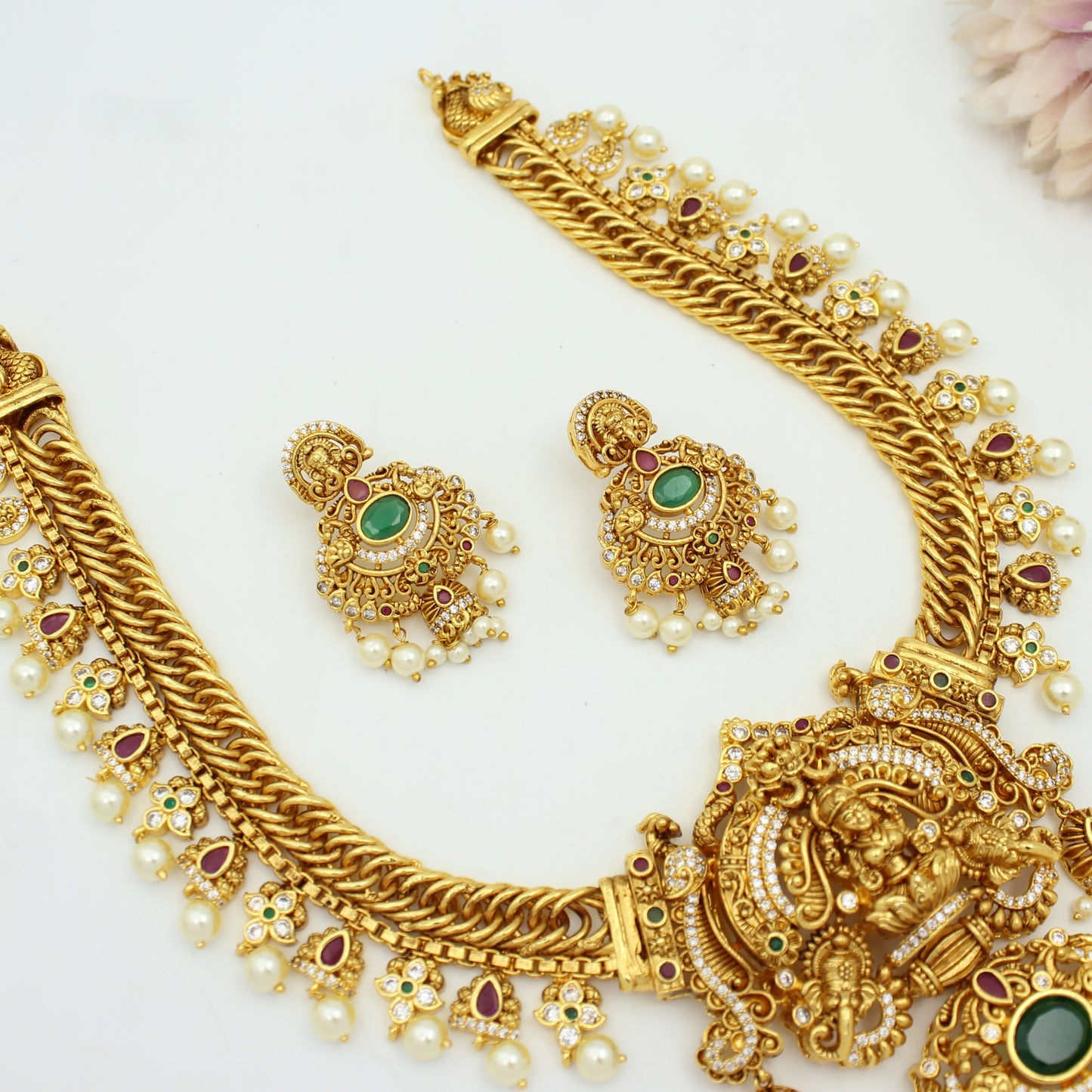 42350 Nakshi Laxmi Antique Jalebi Short Necklace Set With Screw Back Earrings