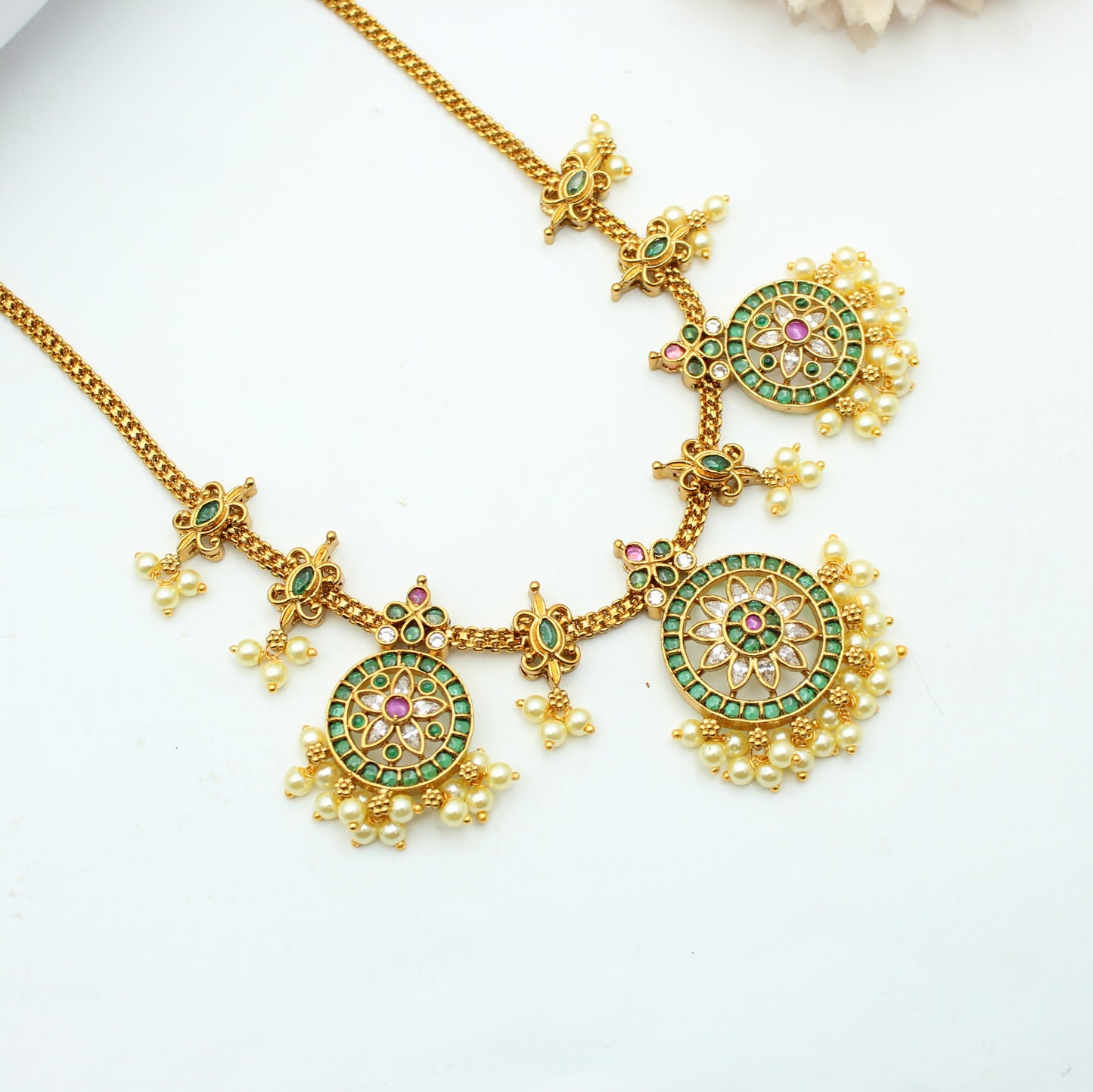 42309 Pota Stone Short Necklace Set Green With Push Back Earrings