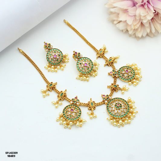 42309 Pota Stone Short Necklace Set Green With Push Back Earrings