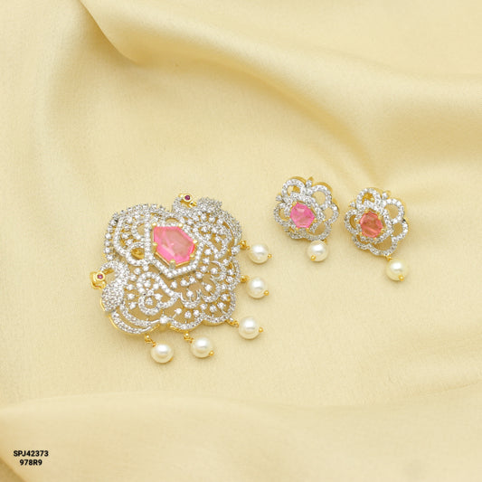 42373 Diamond Look Pendant Set Mint Pink With Screw Back Earrings