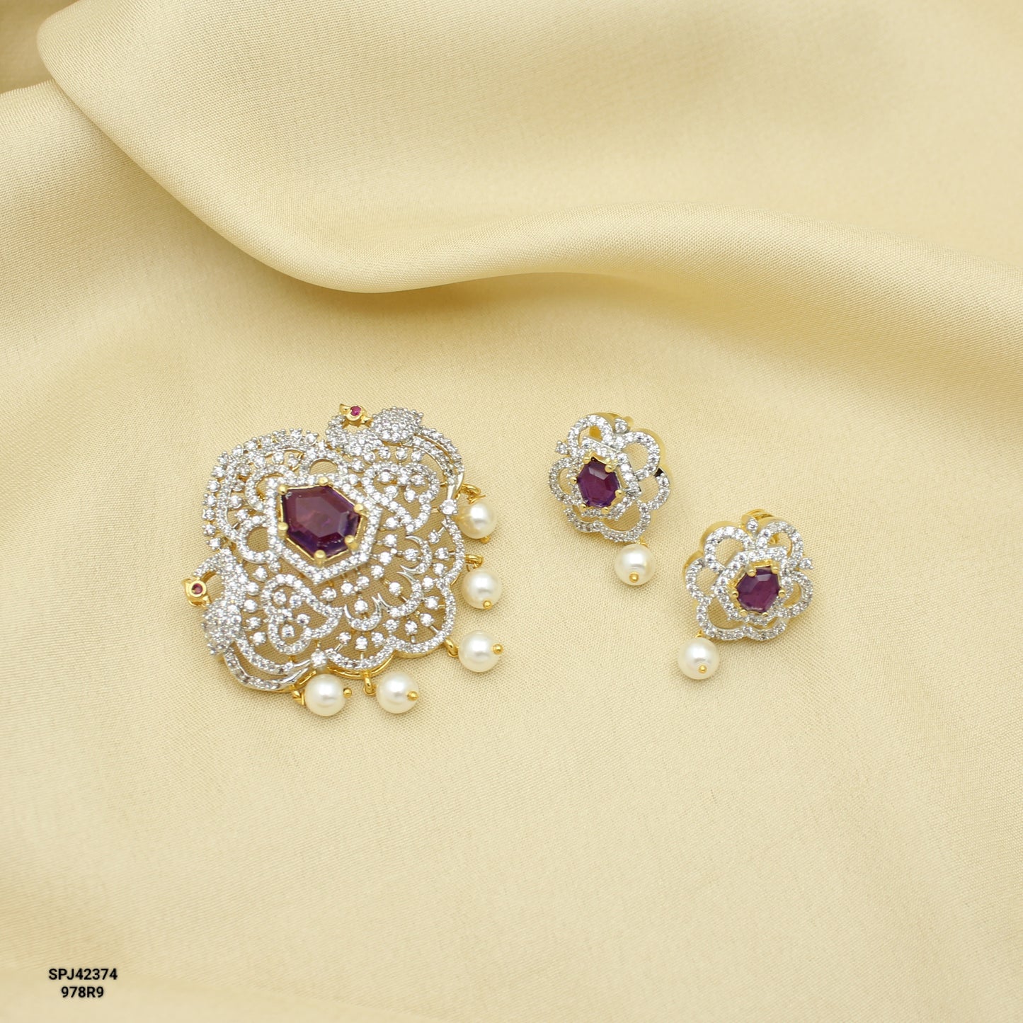 42374 Diamond Look Purple Pendant Set With Screw Back Earrings