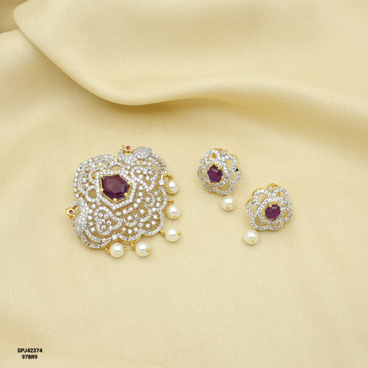 42374 Diamond Look Purple Pendant Set With Screw Back Earrings