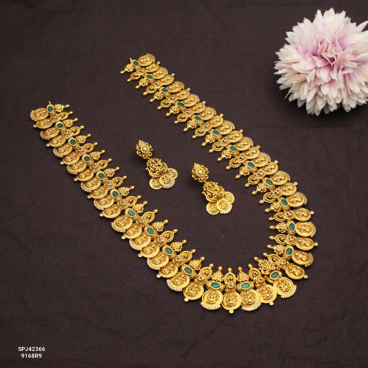 42366 Nakshi Laxmi Long Kasulu Necklace Set With Screw Back Earrings