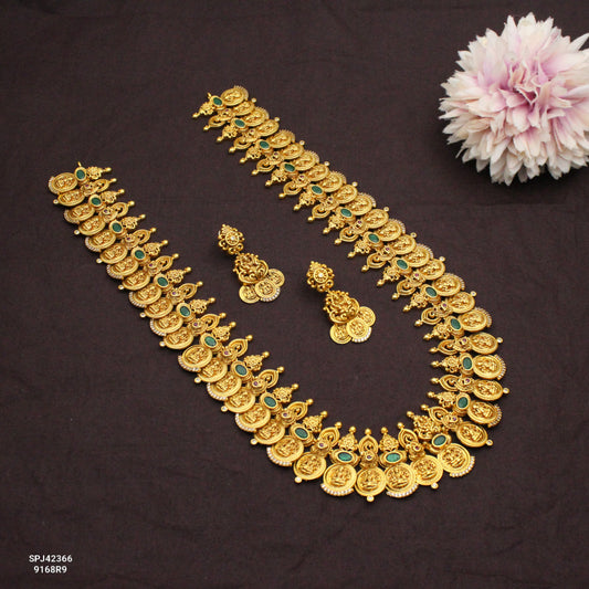 42366 Nakshi Laxmi Long Kasulu Necklace Set With Screw Back Earrings
