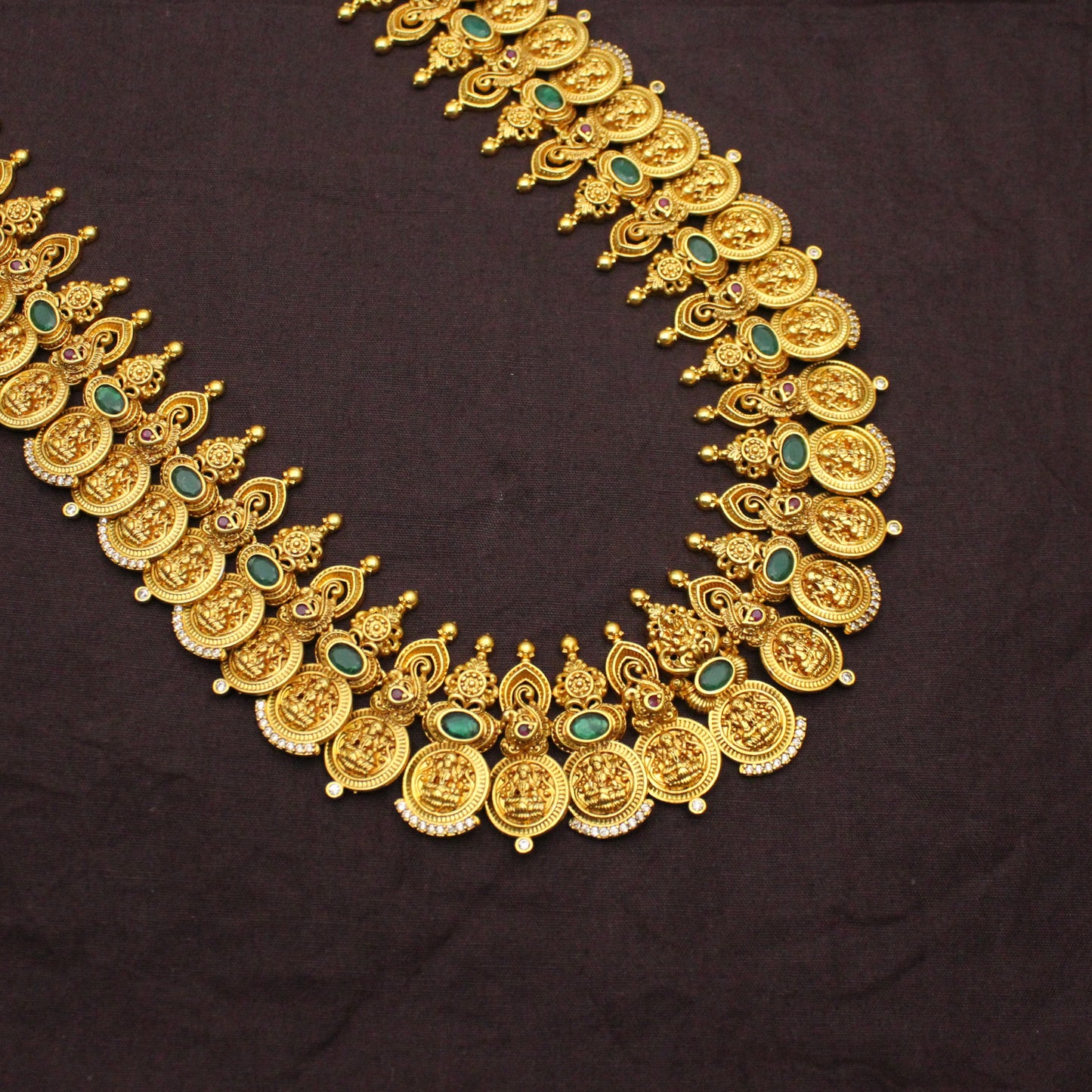 42366 Nakshi Laxmi Long Kasulu Necklace Set With Screw Back Earrings